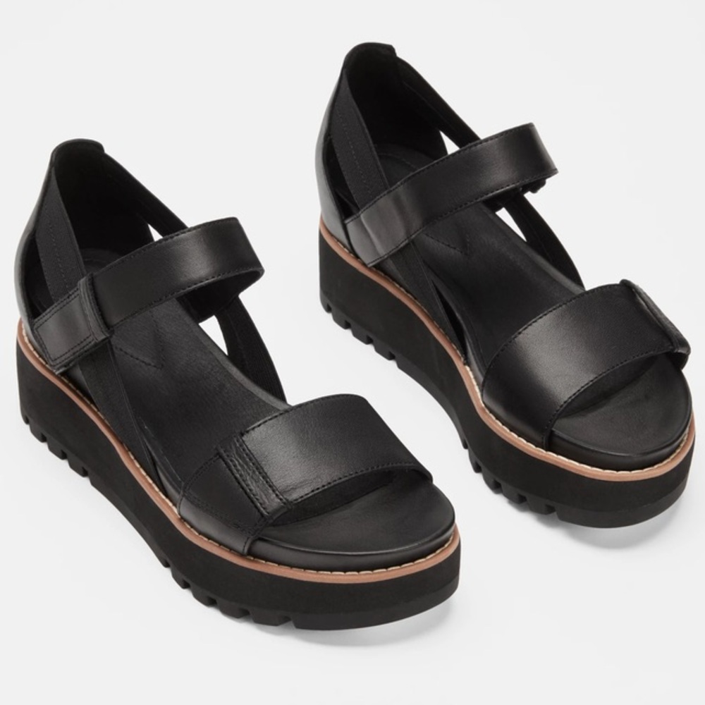 Eileen Fisher Luck Smooth Leather Wedge Sandal Black Sz 11 Women’s